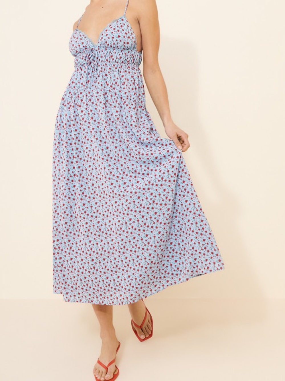NWT Petal & Pup XS WOMENS Light Blue Maxi DRESS with Red Floral Print, new.